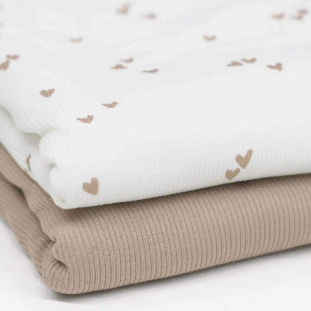 Rib Jersey Stof Bedrukt -  Onregelmatige Hartjes Licht Beige