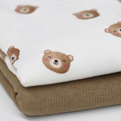 Tissu Maille Tricot Côtelé - Oursons Doux Écru