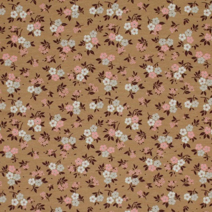 Jersey Cotton Fabric Digital Print - Brown Pink Small Flower Jersey Cotton Fabric Digital Print - Brown Pink Small Flower - (Jersey Cotton Fabric Digital Print)