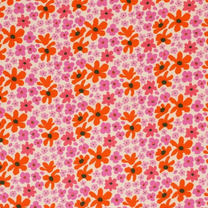 Baumwolljersey Digital - Fuchsia Orange Retro Blume Baumwolljersey Digital - Fuchsia Orange Retro Blume - (Baumwolljersey Digitaldruck)
