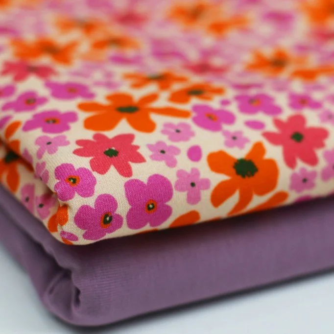 Baumwolljersey Digital - Fuchsia Orange Retro Blume Baumwolljersey Digital - Fuchsia Orange Retro Blume - (Baumwolljersey Digitaldruck)