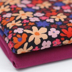 Bomuldjersey Digital Print - Sort Kobolt Retro Blomst 