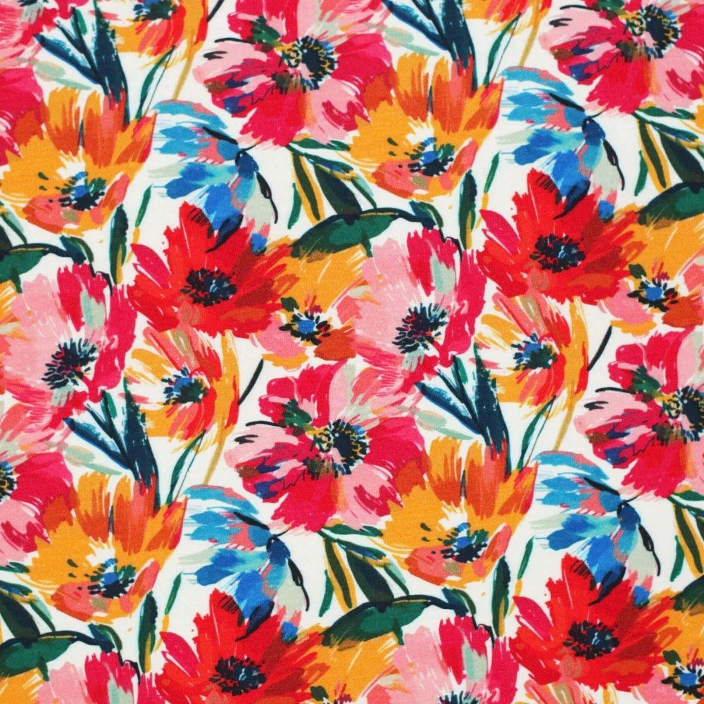 Bambus Jerseystoff Digital Muster - Farbige Blume Rot Kobalt - (Jerseystoff Gemustert)