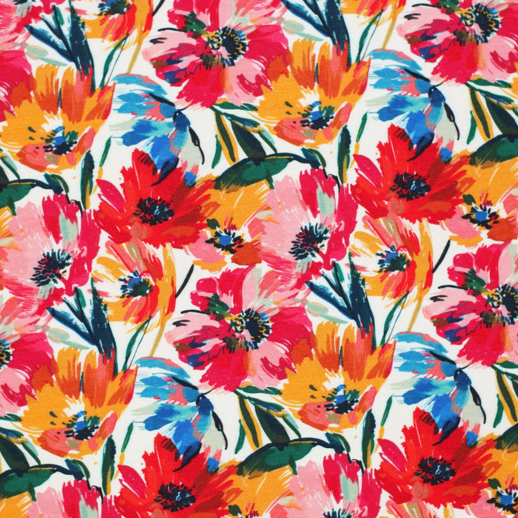 Digitale Print Bamboe Jersey - Gekleurde Bloem Rood Kobalt