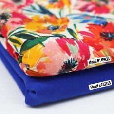 Bambus Jerseystoff Digital Muster - Farbige Blume Rot Kobalt