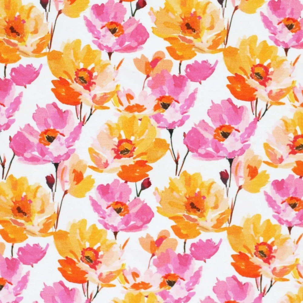 Bambus Jerseystoff Digital Muster - Fuchsia Orange Blume - (Jerseystoff Gemustert)