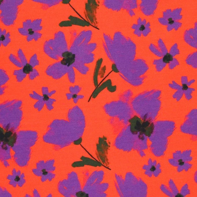 Bambus Jerseystoff Digital Muster - Aquarell Mohn Orange Lila Bambus Jerseystoff Digital Muster - Aquarell Mohn Orange Lila - (Jerseystoff Gemustert)