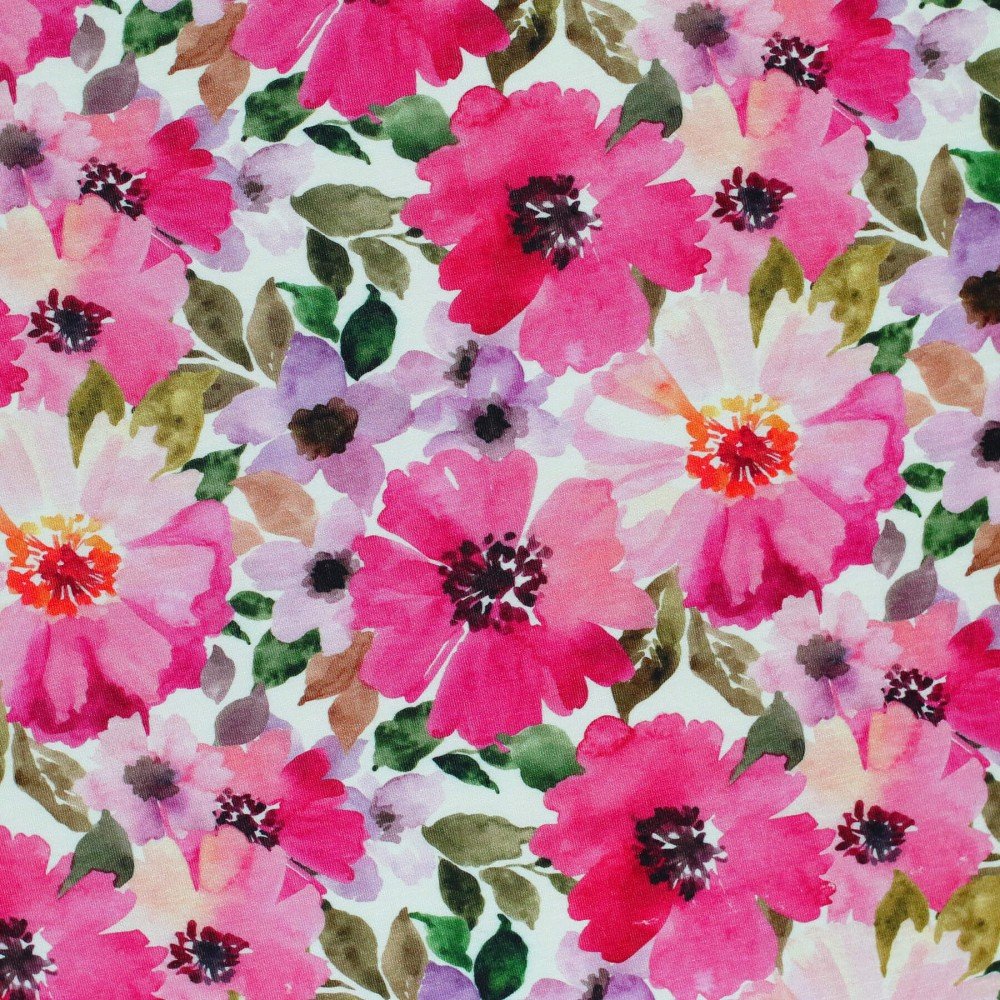 Bambusjersey Digital Mønstre - Sommerblomster Varm Lyserød