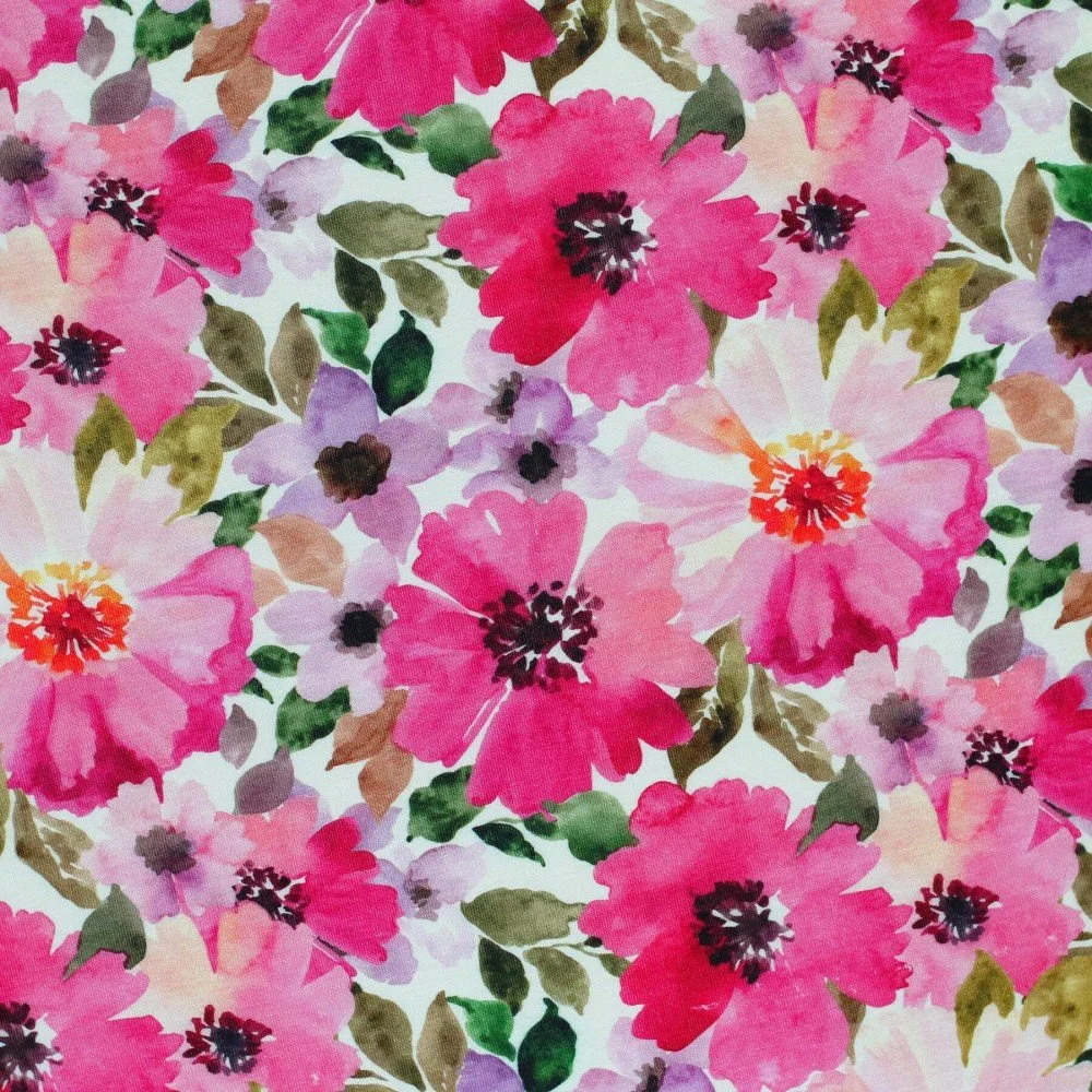 Bambus Jerseystoff Digital Muster - Sommerblumen Leuchtendes Rosa Bambus Jerseystoff Digital Muster - Sommerblumen Leuchtendes Rosa - (Jerseystoff Gemustert)
