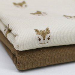 Rib Knit Jersey Fabric - Sketch Foxes Beige