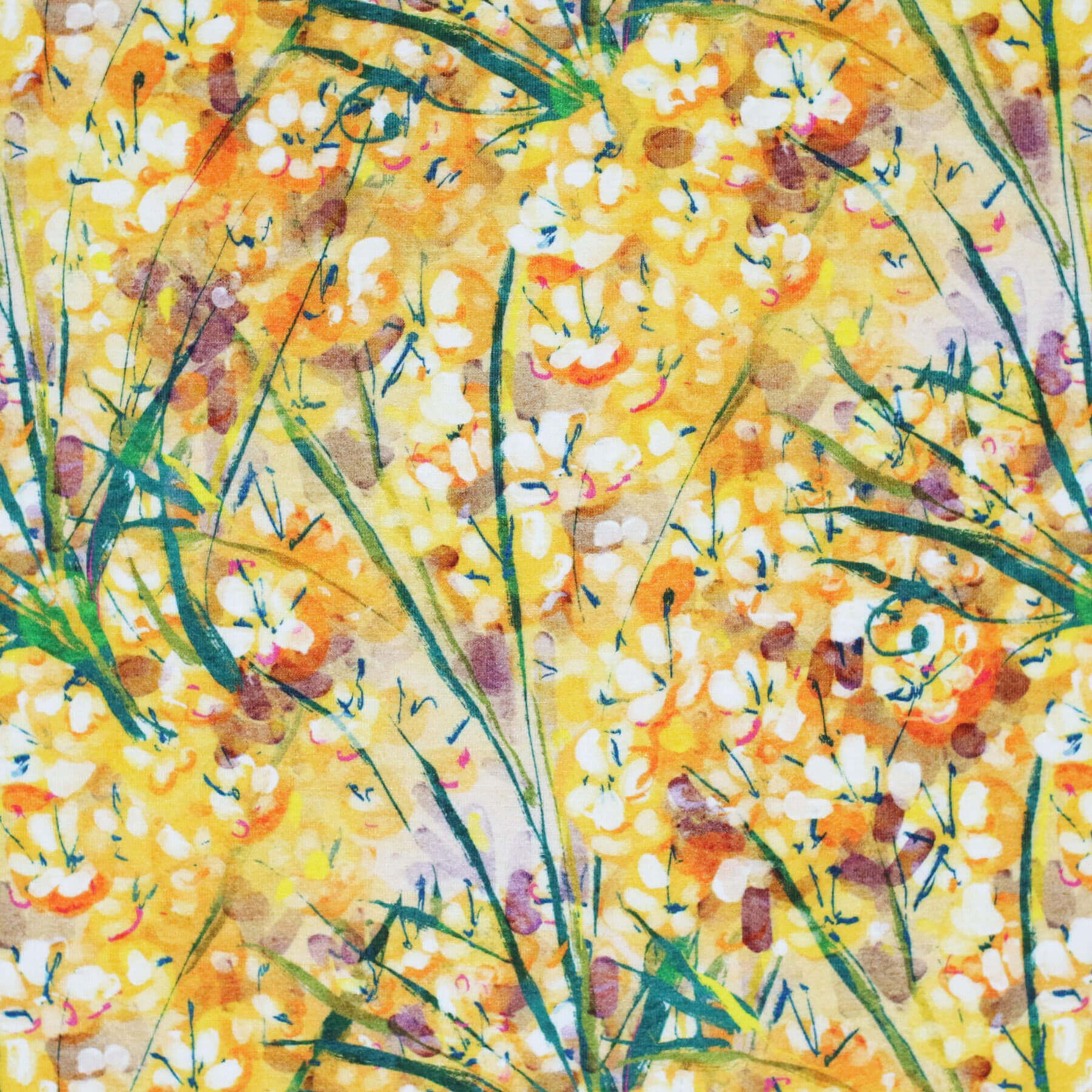 Digitale Print Bamboe Jersey - Gele Lentebloemen