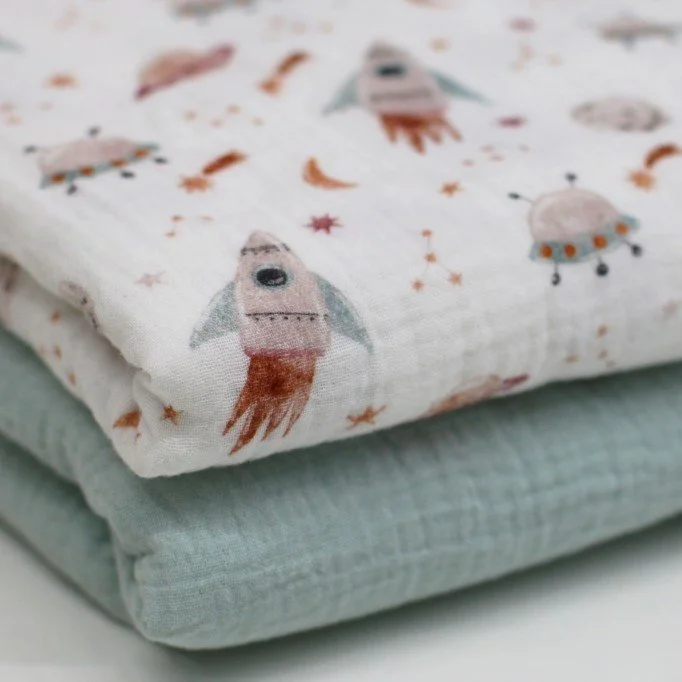Tissu Double Gaze Impression Numérique - Fusée Spatiale - (Tissu Enfant)