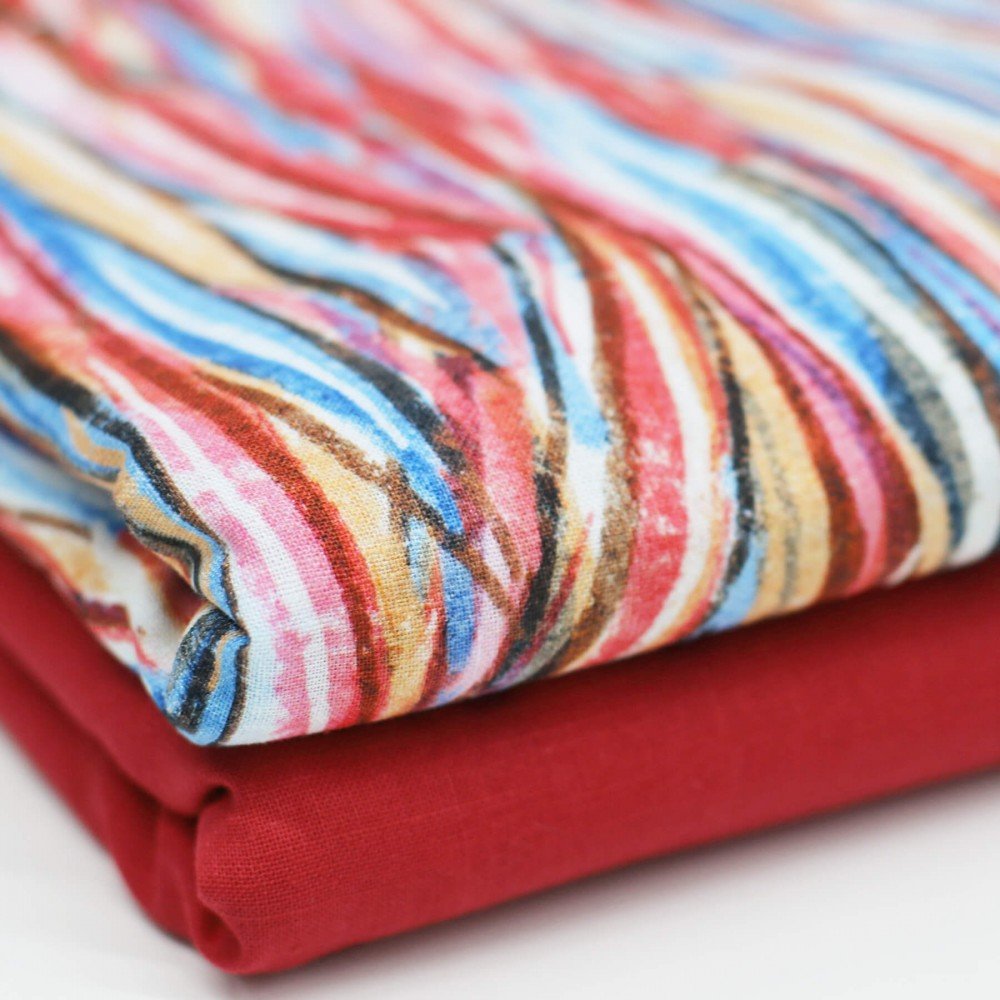 Fine Linen Fabric Digital Print - Aquarel Braid Red Blue Fine Linen Fabric Digital Print - Aquarel Braid Red Blue
