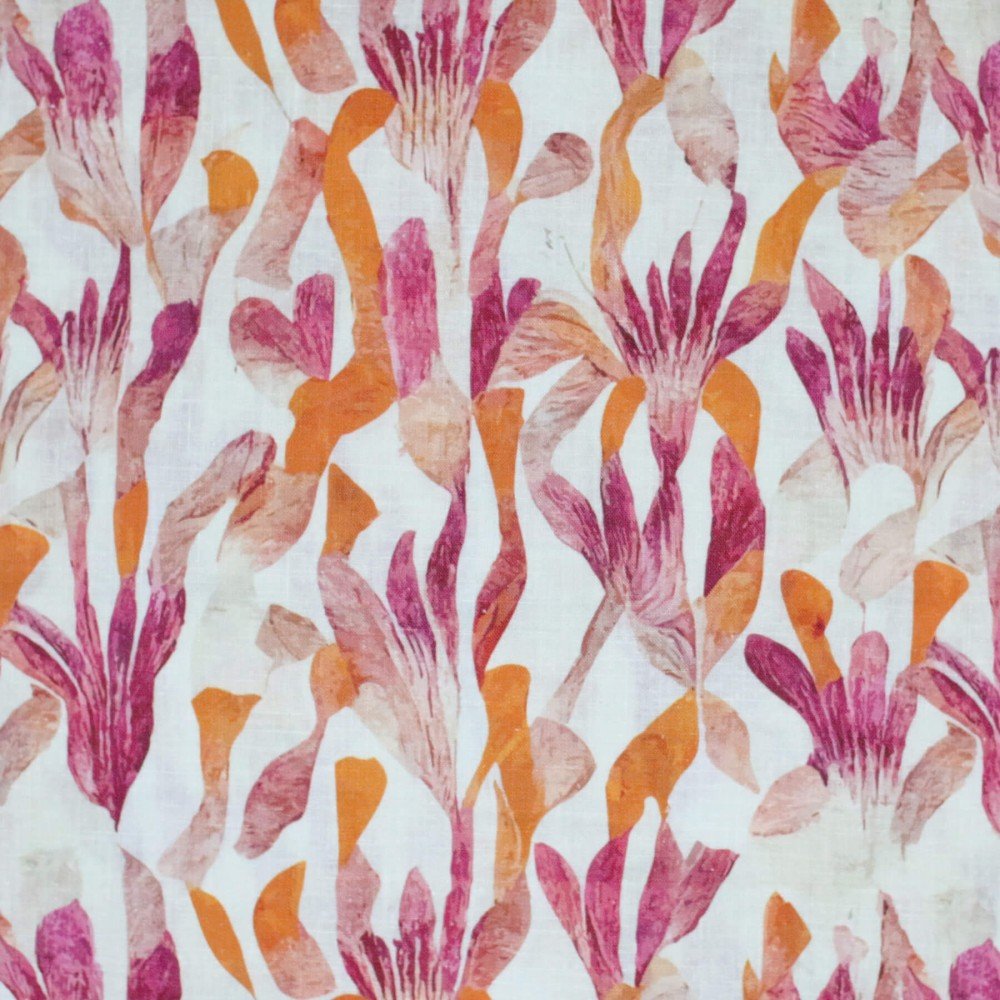 Fine Linen Fabric Digital Print - Ethnic Flower Orange Fuchsia Fine Linen Fabric Digital Print - Ethnic Flower Orange Fuchsia