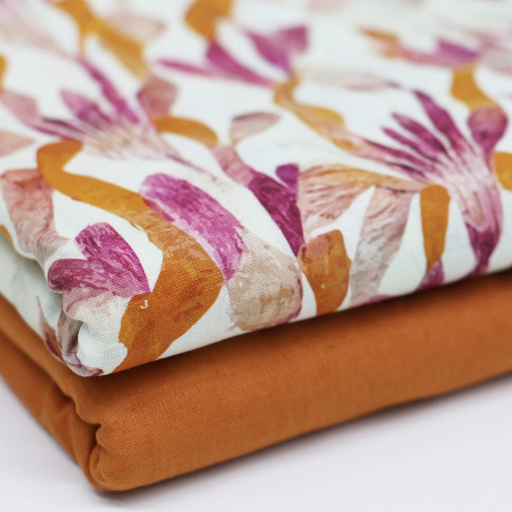 Fine Linen Fabric Digital Print - Ethnic Flower Orange Fuchsia Fine Linen Fabric Digital Print - Ethnic Flower Orange Fuchsia