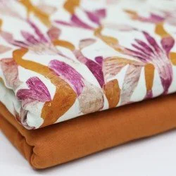 Fijne Linnen Stof Digitale Print - Etnische Bloem Oranje Fuchsia