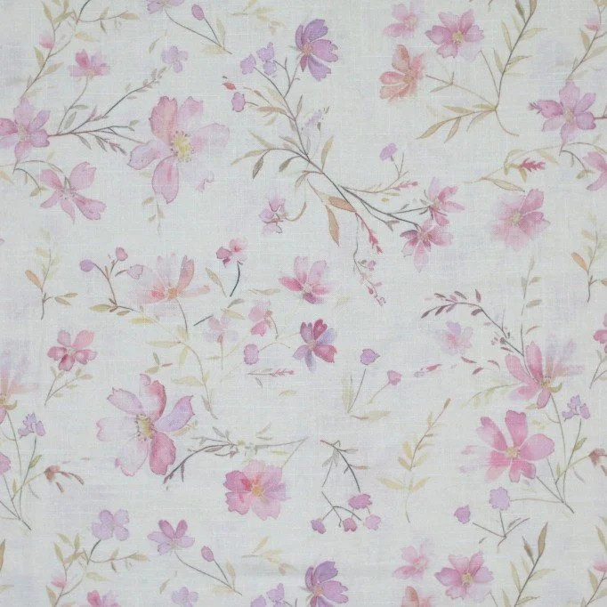 Fijne Linnen Stof Digitale Print - Lieve Roze Bloem - (Decoratiestoffen)
