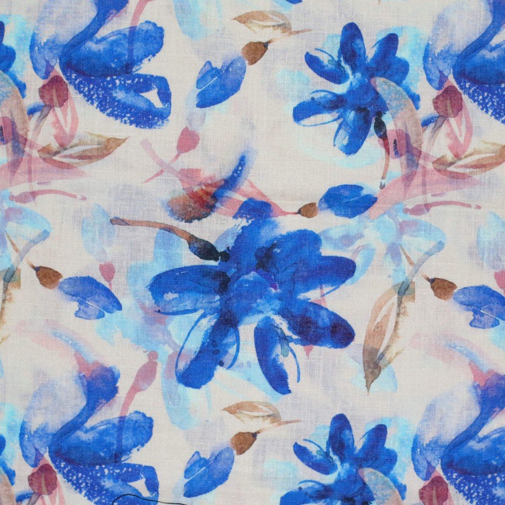 Fine Linen Fabric Digital Print - Watercolor Flower Cobalt Fine Linen Fabric Digital Print - Watercolor Flower Cobalt