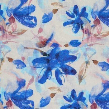 Fine Linen Fabric Digital Print - Watercolor Flower Cobalt