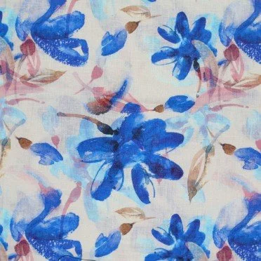 Fine Linen Fabric Digital Print - Watercolor Flower Cobalt - (Deco Fabrics)