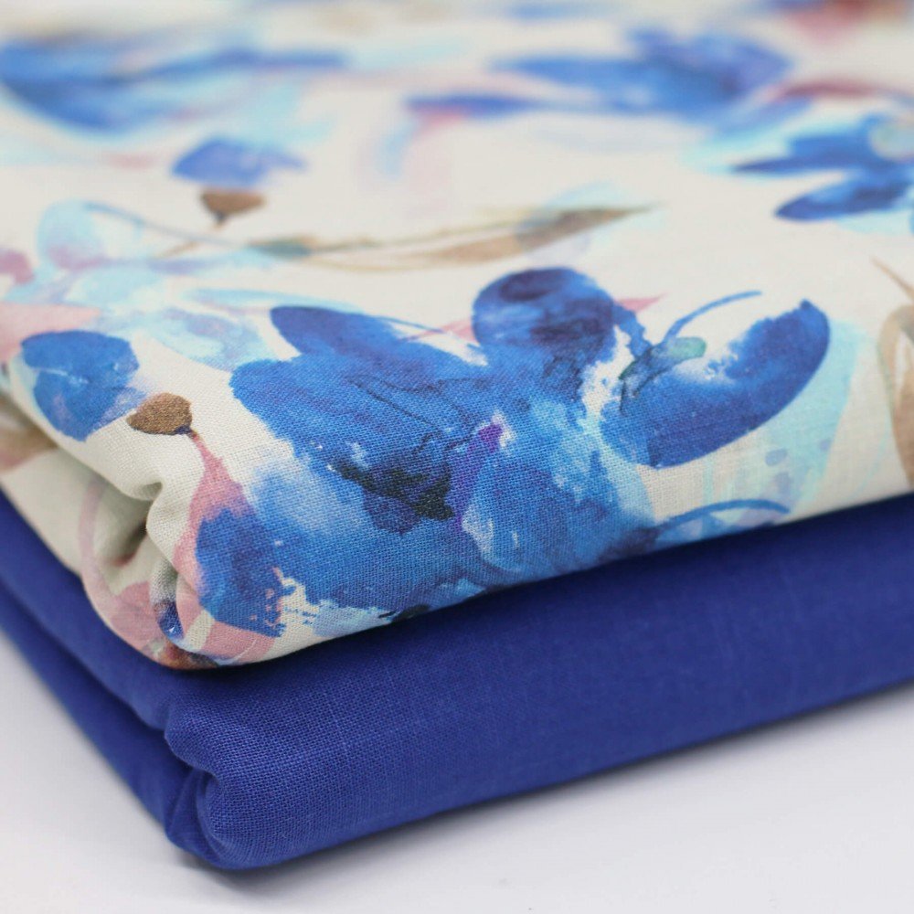 Fine Linen Fabric Digital Print - Watercolor Flower Cobalt Fine Linen Fabric Digital Print - Watercolor Flower Cobalt