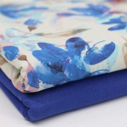 Tissu De Lin Fin Impression Numérique - Aquarelle Fleur Cobalt