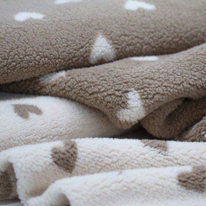 Hearts Teddy Fabric Dark Beige - (Curly Teddy Fabric)