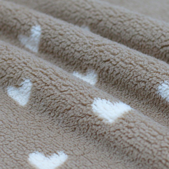 Hearts Teddy Fabric Dark Beige - (Curly Teddy Fabric)