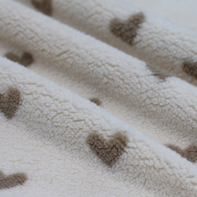 Hearts Teddy Fabric Natural - (Curly Teddy Fabric)