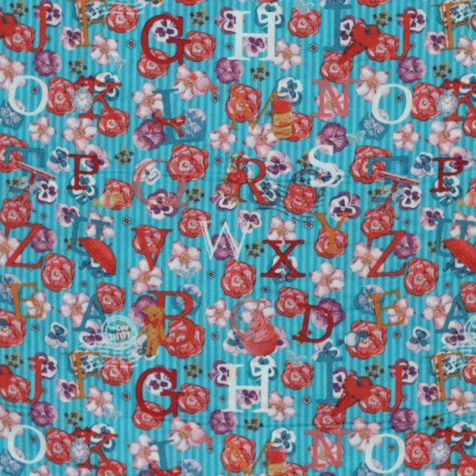 Tissu Enfant Poplin Coton - Alphabet Aqua - (Vente De Tissu Au Mètre)