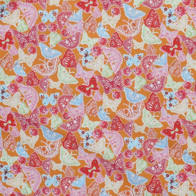 Cotton Poplin Children's Fabric - Butterflies Orange - (Fabric Outlet)