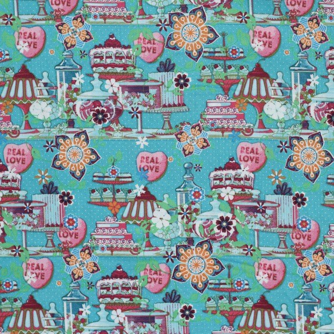 Baumwoll Popelin Kinderstoff - Kuchen Aqua - (Stoffe Outlet)