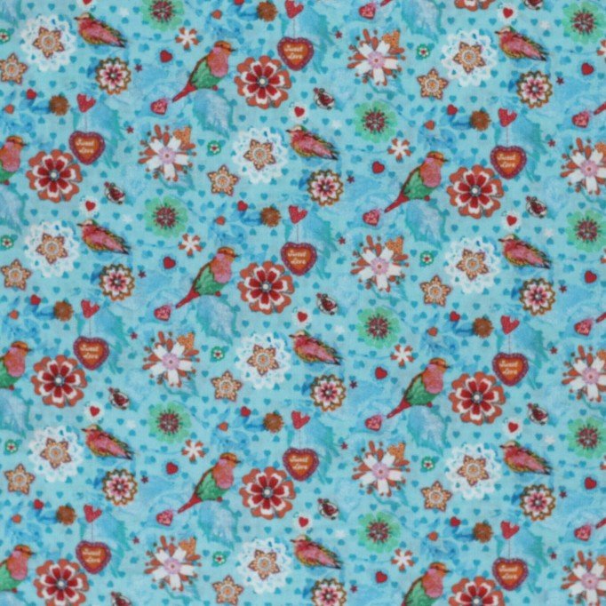 Kinderstoffen Poplin Katoen - Parkiet Vogel Aqua - (Budgetstoffen en stoffen outlet)