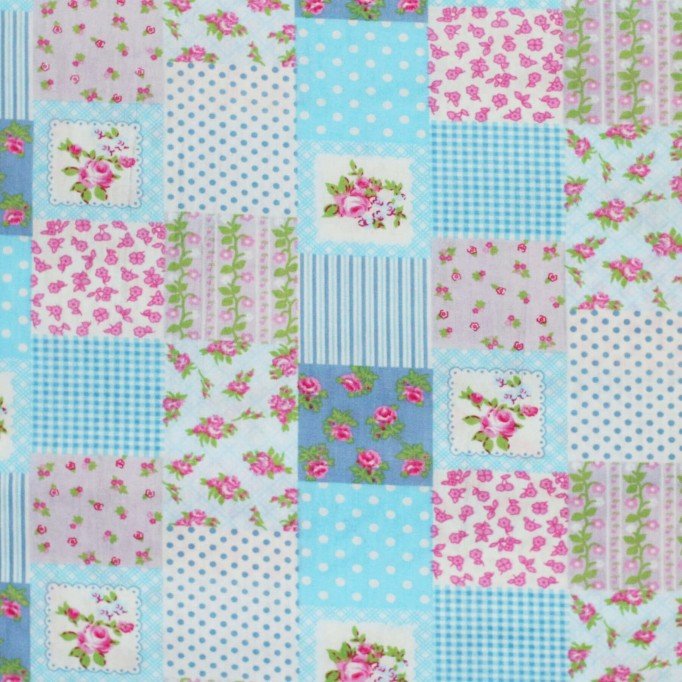 Bomuldspoplin Børnestof - Patchwork Lyseblå - (Udsalg Stof)