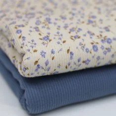 Rippstrick Jersey Stoff - Blaue Miniblumen
