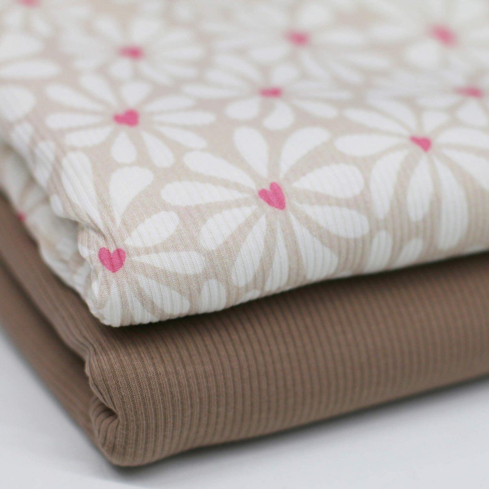 Rib Jersey Strikstof - Hjerter Blomst Beige