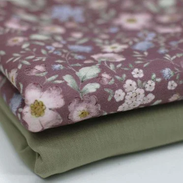 Bomuldjersey Digital Print - Vintage Blomstermotiver Mauve - (Bomuldjersey Digitaltryk)