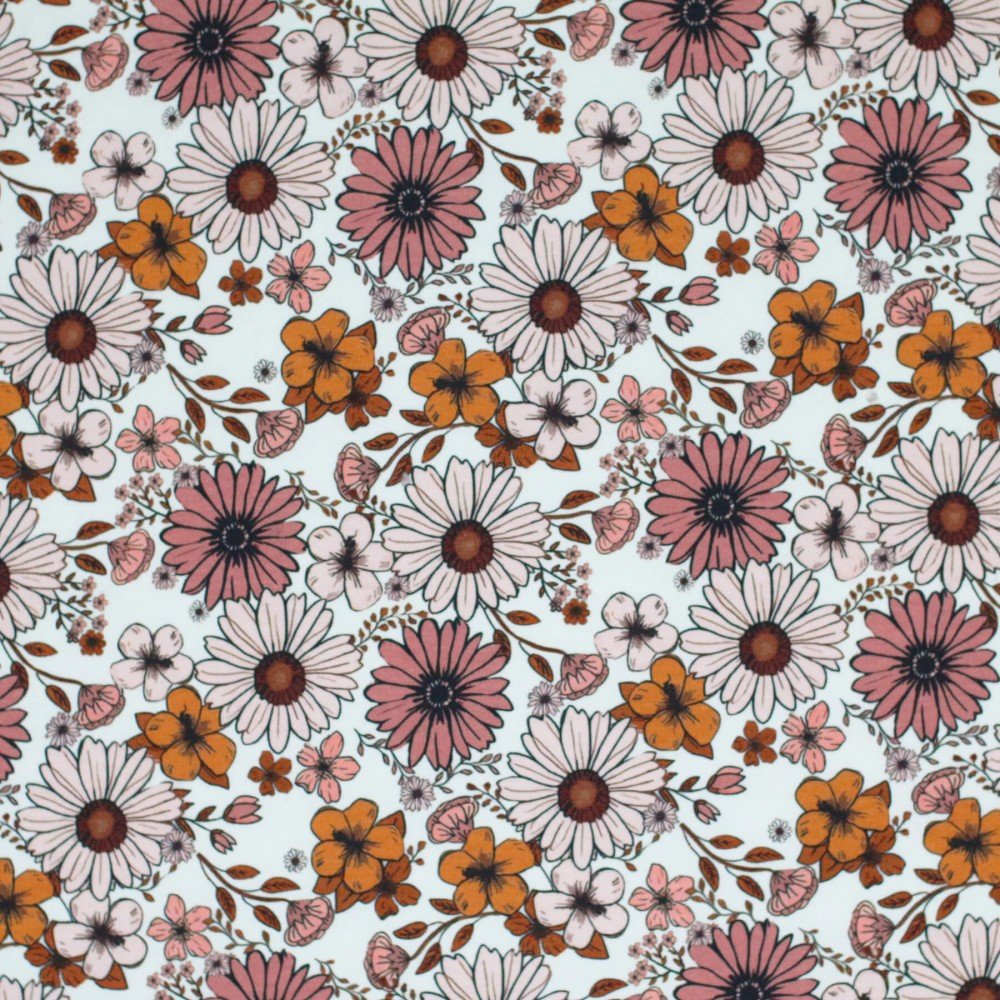 Jersey Cotton Fabric Digital Print - Vintage Daisy Clay Pink - (Jersey Cotton Fabric Digital Print)