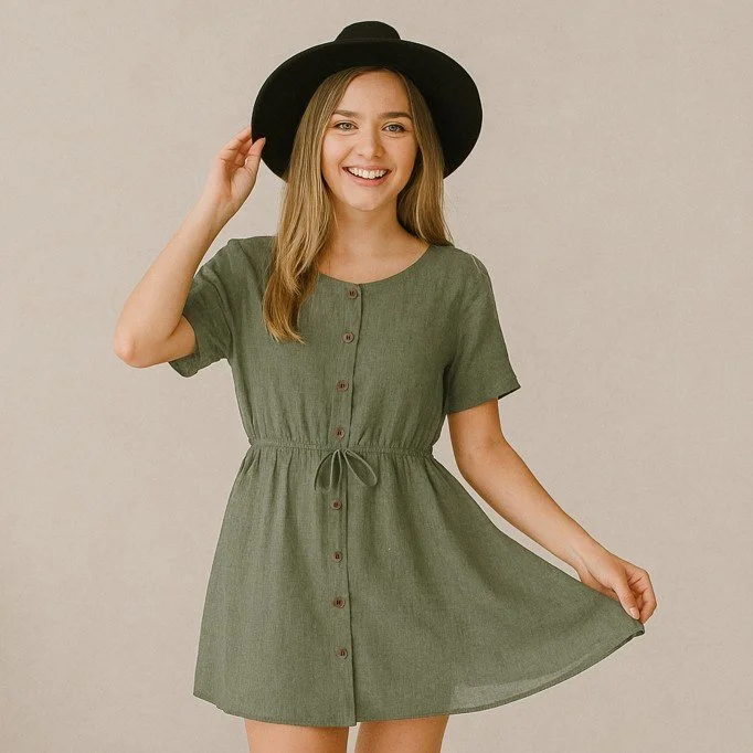 Tessuto Di lino Viscosa Slub Verde Militare - (Tessuti Moda)
