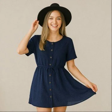 Letvægts Viskose Hør Slub Stof Navy Blå - (Fashion Stoffer)