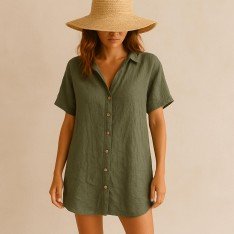 Tessuto Di Lino Fine (Stone Washed) Verde Militare
