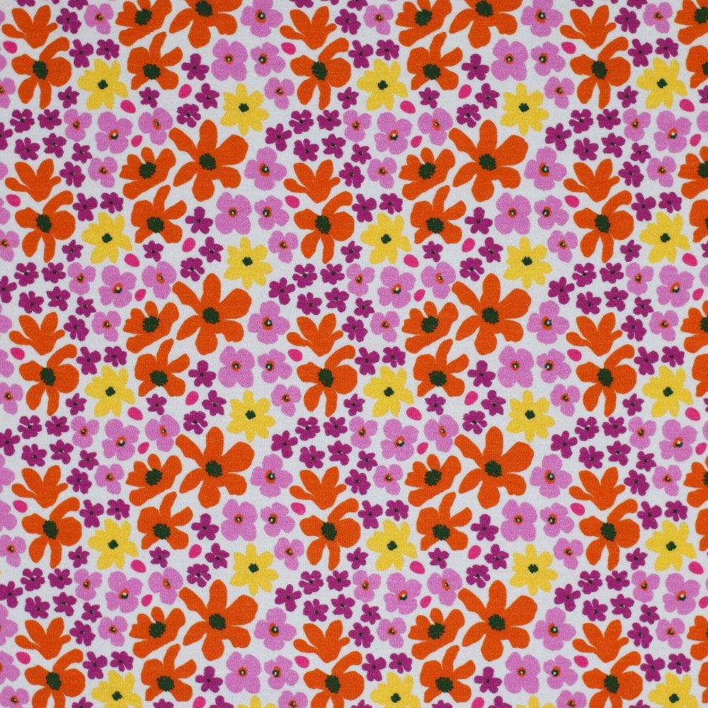 Bomuldjersey Digital Print - Lilla Gul Retro Blomst 