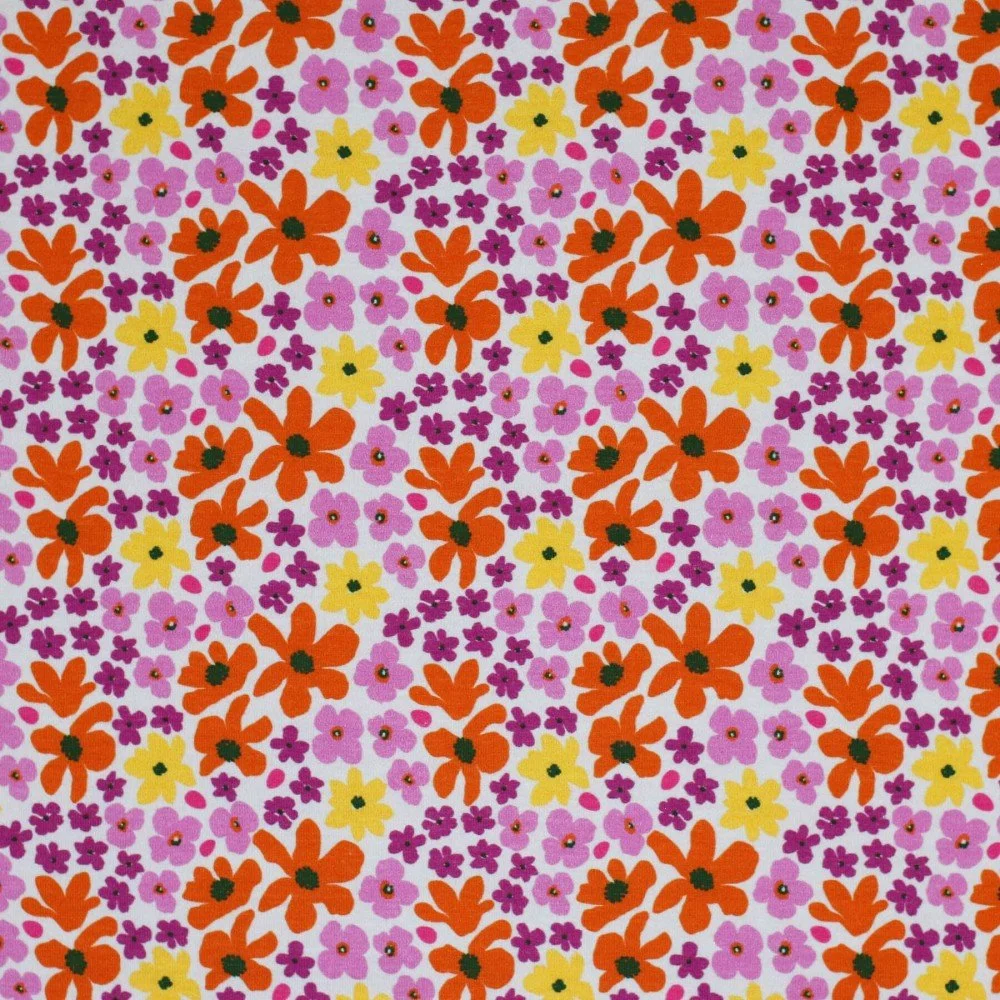 Jersey Katoen Digitale Print - Lila Geel Retro Bloem