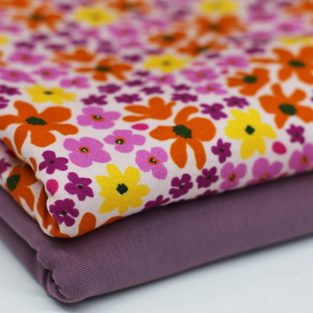 Bomuldjersey Digital Print - Lilla Gul Retro Blomst 