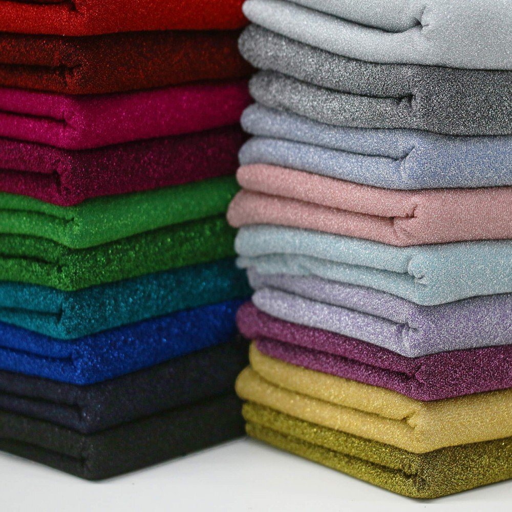 Lightweight Lurex Glitter Jersey Fabric Surprise Box 10 x 1 Metre Lightweight Lurex Glitter Jersey Fabric Surprise Box 10 x 1 Metre
