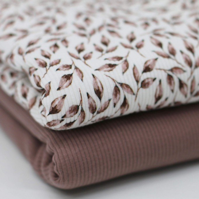 Rib Knit Jersey Fabric - Painted Leaves Old Mauve Rib Knit Jersey Fabric - Painted Leaves Old Mauve - (Jersey Fabrics)