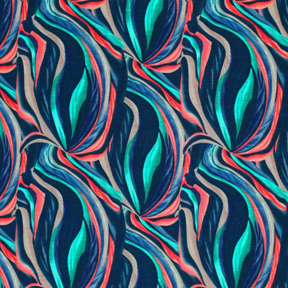 Digitale Print Bamboe Jersey - Abstracte Bladeren Blauw Digitale Print Bamboe Jersey - Abstracte Bladeren Blauw