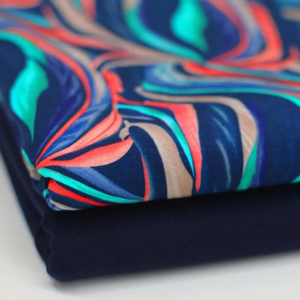 Digitale Print Bamboe Jersey - Abstracte Bladeren Blauw Digitale Print Bamboe Jersey - Abstracte Bladeren Blauw