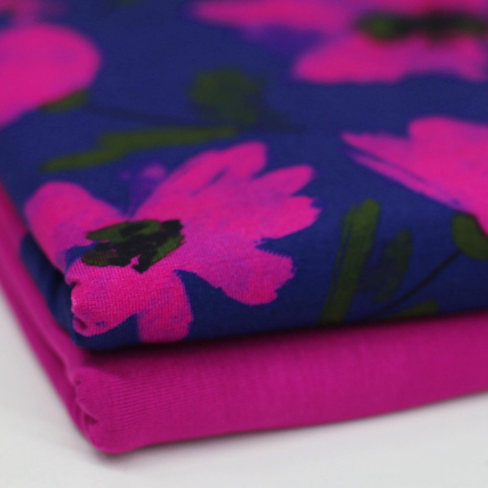 Bambusjersey Digital Mønstre - Akvarel Valmue Navy Fuchsia