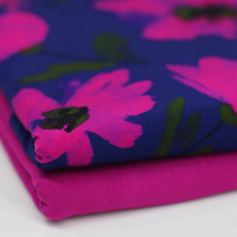 Digitale Print Bamboe Jersey - Aquarel Klaproos Marine Fuchsia Digitale Print Bamboe Jersey - Aquarel Klaproos Marine Fuchsia